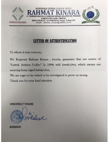 Café Kopi Luwak (Sauvage) certificat